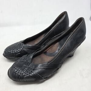 Clarks Artisan Black Leather Weave Wedge Loafers Slip On Shoes Womens 8